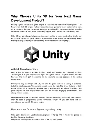 why choose unity 3d for your next game