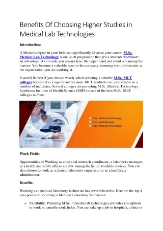 Benefits Of Choosing Higher Studies In Medical Lab Technologies