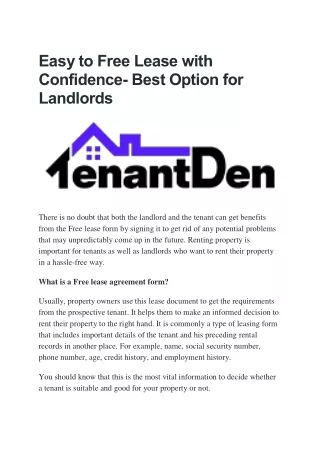 Easy to Free Lease with Confidence- Best Option for Landlords