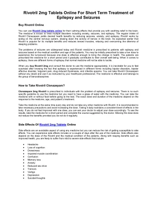 Rivotril 2mg Tablets Online For Short Term Treatment of Epilepsy and Seizures