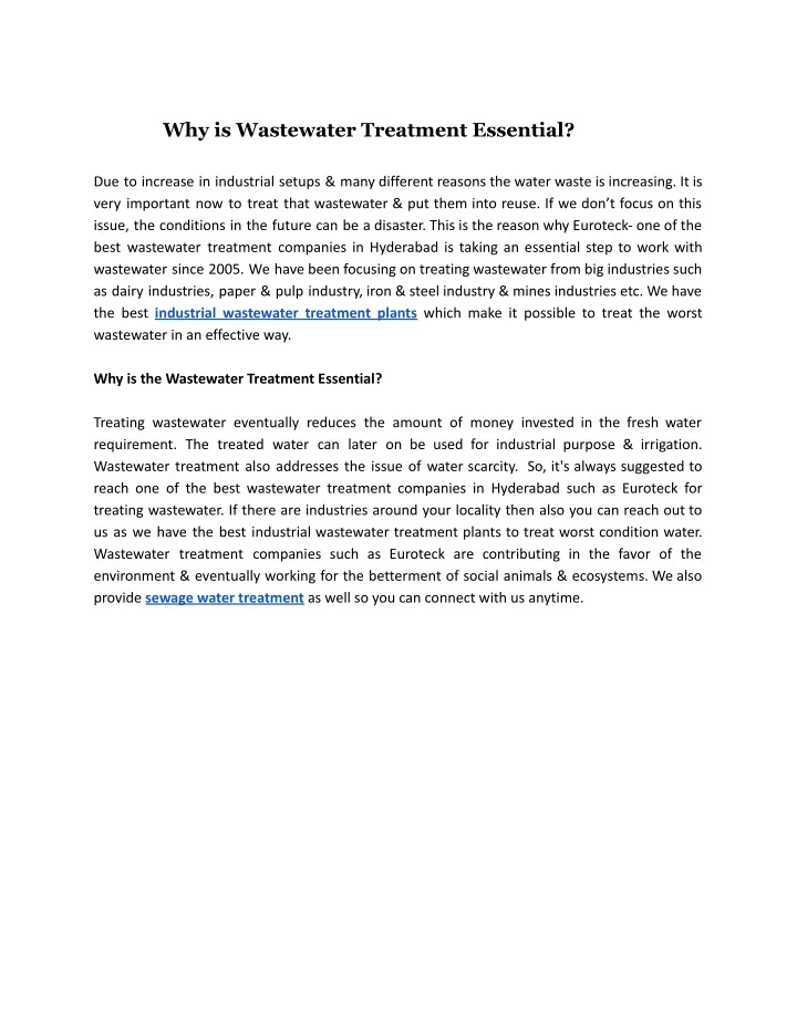 why is wastewater treatment essential