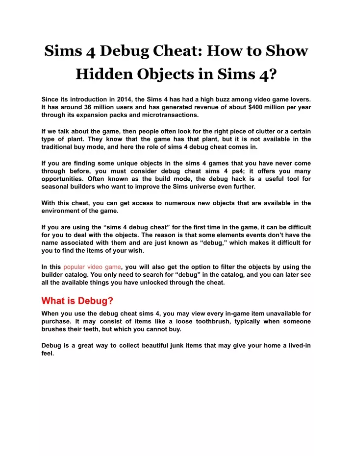 sims 4 debug cheat how to show hidden objects