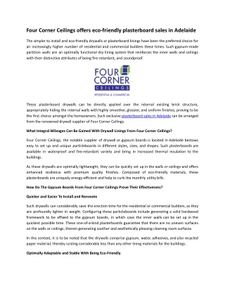 Four Corner Ceilings offers eco-friendly plasterboard sales in Adelaide.docx