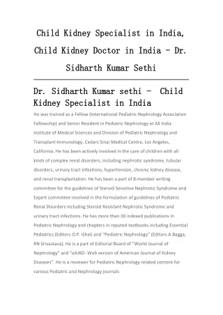 Child Kidney Specialist in India, Child Kidney Doctor in India - Dr. Sidharth Kumar Sethi