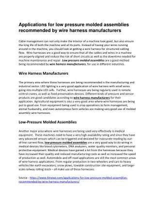 applications for low pressure molded assemblies