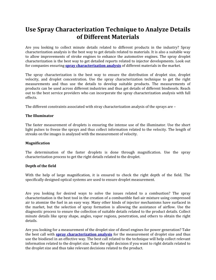 use spray characterization technique to analyze