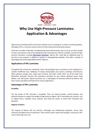 why use high pressure laminates application advantages
