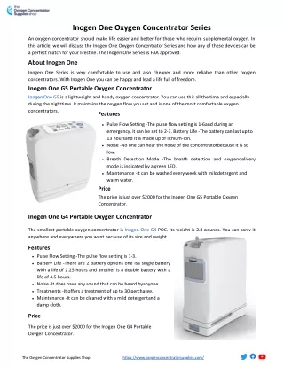 Inogen One Oxygen Concentrator Series