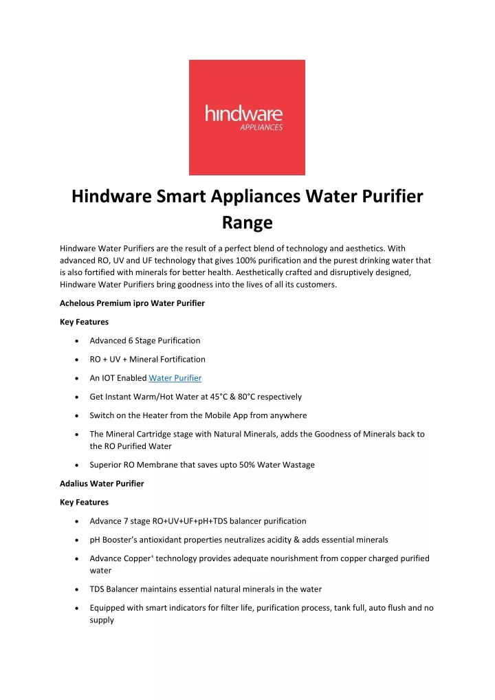 hindware smart appliances water purifier range