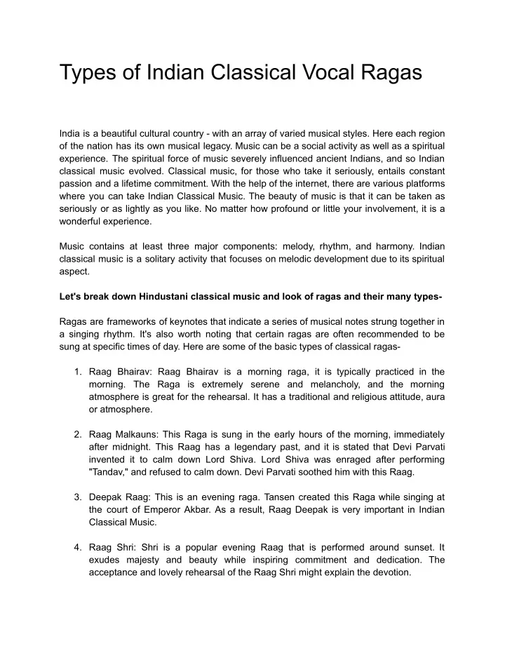 types of indian classical vocal ragas