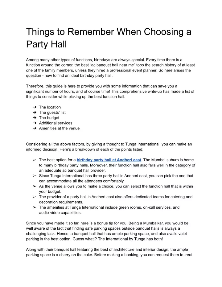 things to remember when choosing a party hall