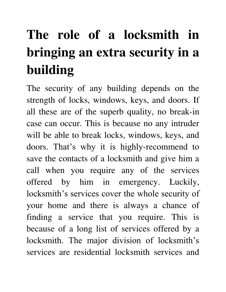 the role of a locksmith in bringing an extra