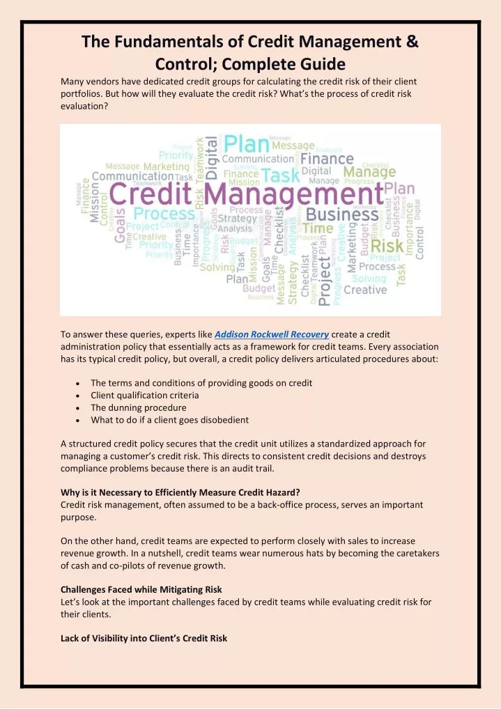 the fundamentals of credit management control