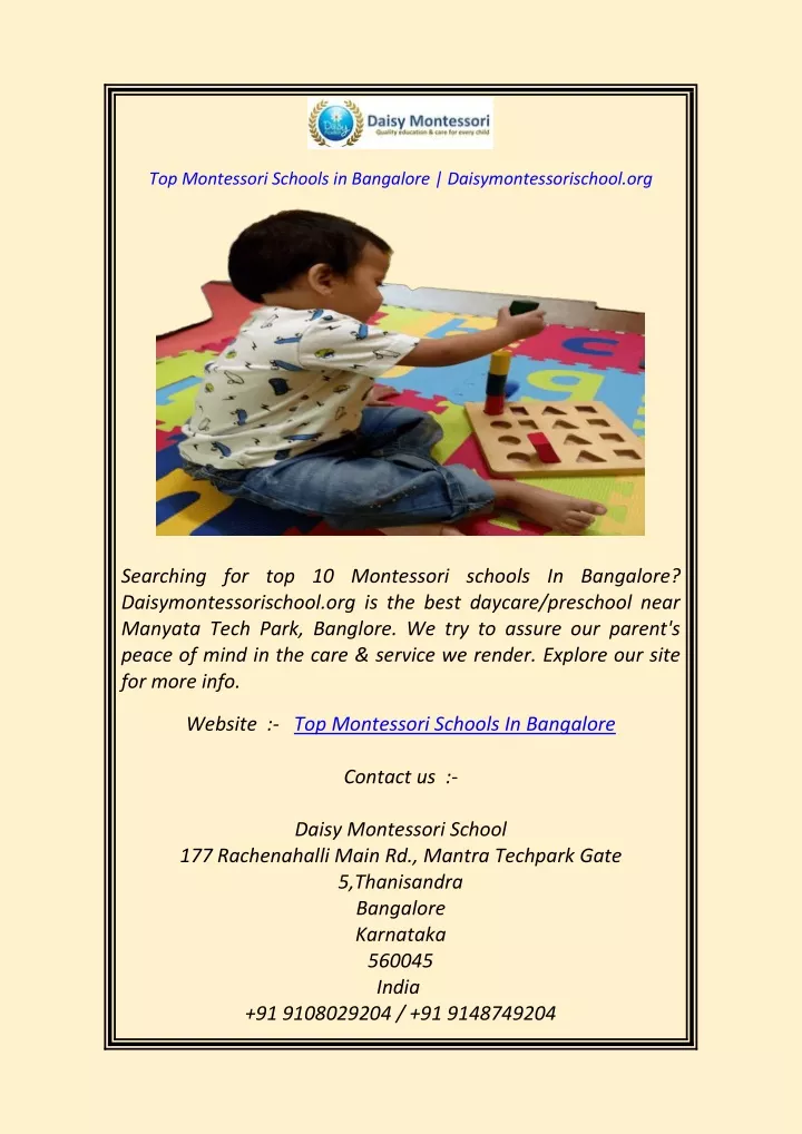 top montessori schools in bangalore
