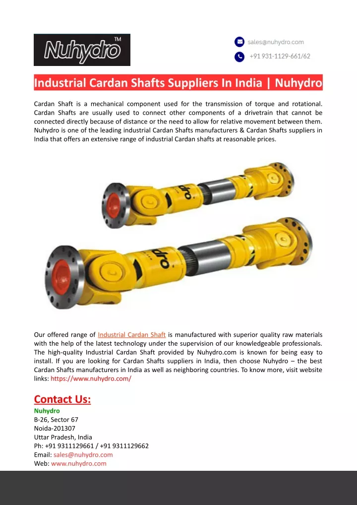 industrial cardan shafts suppliers in india