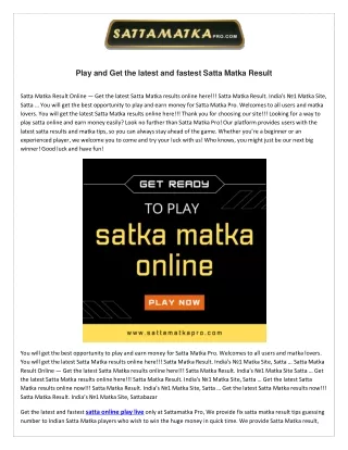 Play and Get the latest and fastest Satta Matka Result