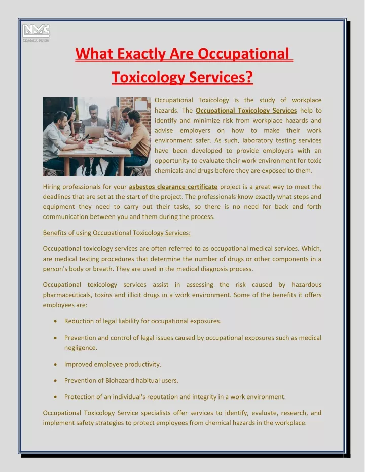 what exactly are occupational toxicology services