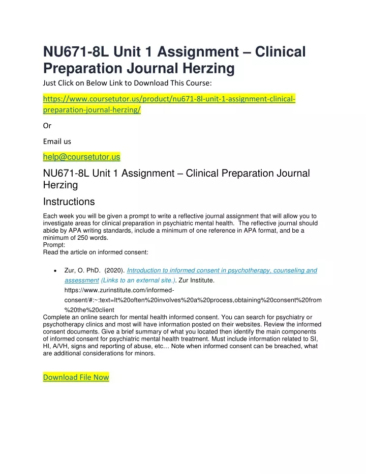 nu671 8l unit 1 assignment clinical preparation