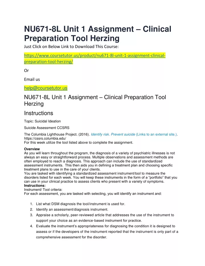 nu671 8l unit 1 assignment clinical preparation