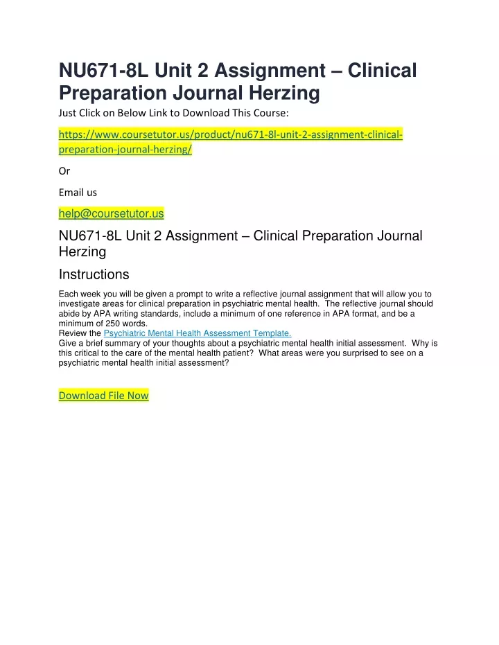 nu671 8l unit 2 assignment clinical preparation