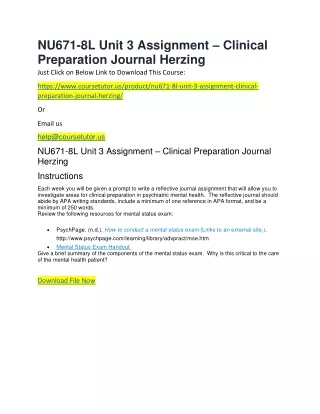 nu671 8l unit 3 assignment clinical preparation