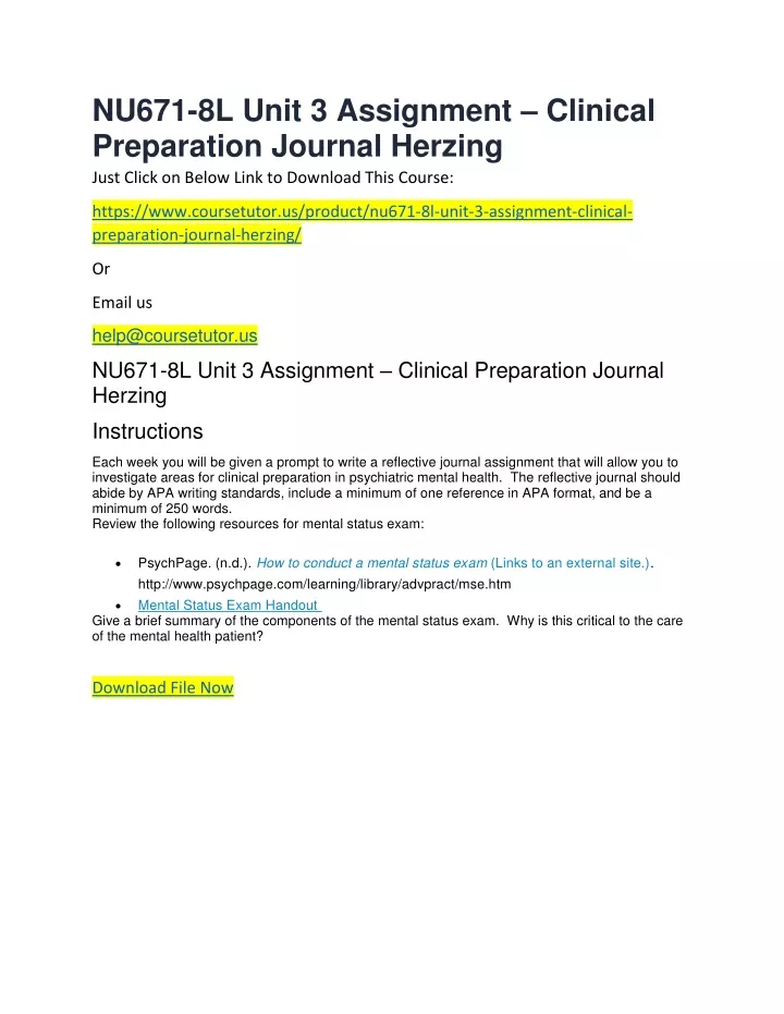 nu671 8l unit 3 assignment clinical preparation