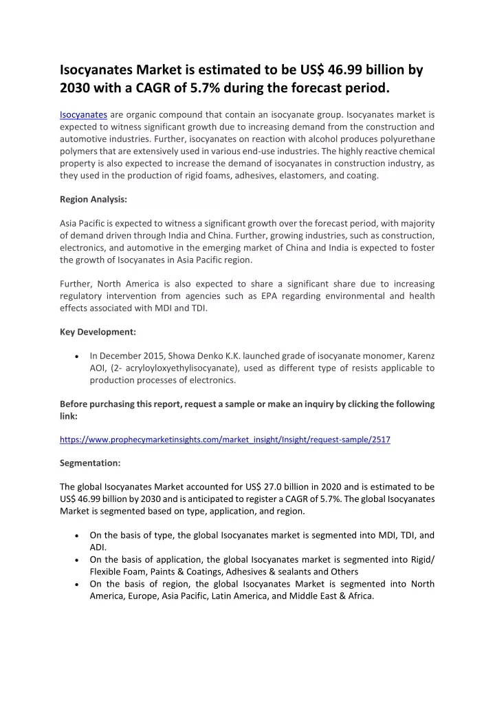 isocyanates market is estimated