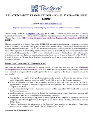 Related Party Transactions – ‘CA 2013’ vis-à-vis ‘SEBI LO