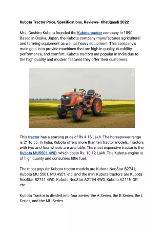 Kubota Tractor Price, Specifications, Reviews- Khetigaadi 2022