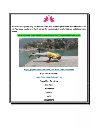 100 Hour Online Yoga Teacher Training in Rishikesh  Yogavillagerishikesh.com