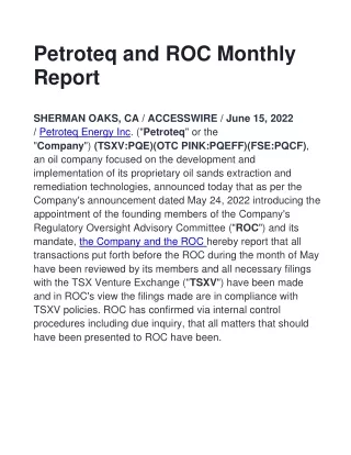 Petroteq and ROC Monthly Report