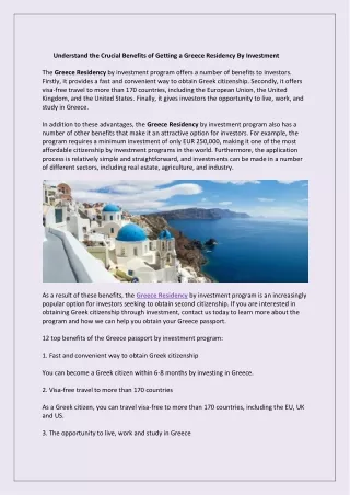 Understand the Crucial Benefits of Getting a Greece Residency By Investment