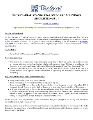 Secretarial Standard-1 on Board Meetings Simplified (SS-1)