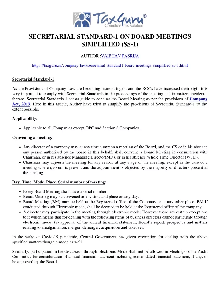 secretarial standard 1 on board meetings