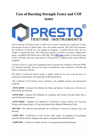 uses of bursting strength tester and cof tester