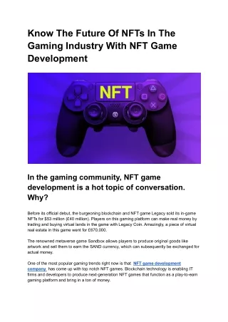 Know The Future Of NFTs In The Gaming Industry With NFT Game Development