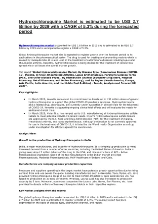 hydroxychloroquine market is estimated