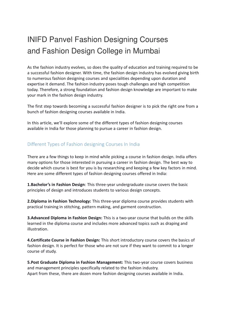 inifd panvel fashion designing courses
