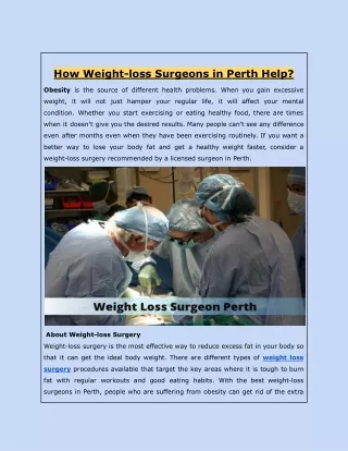 How Weight-loss Surgeons in Perth Help