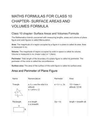 MATHS FORMULAS FOR CLASS 10 CHAPTER- SURFACE AREAS AND VOLUMES FORMULA