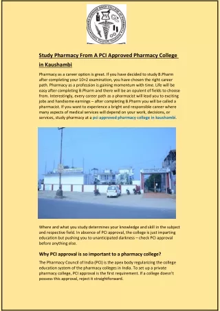 Study Pharmacy From A PCI Approved Pharmacy College in Kaushambi