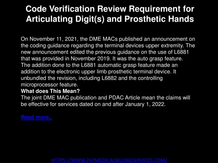 code verification review requirement for articulating digit s and prosthetic hands