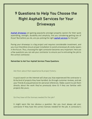 9 Questions to Help You Choose the Right Asphalt Services for Your Driveways