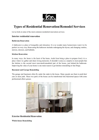 Types of Residential Renovatio or Remodel Services