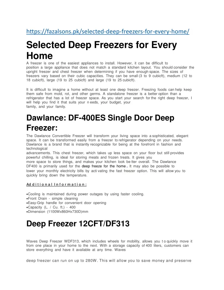 https fazalsons pk selected deep freezers