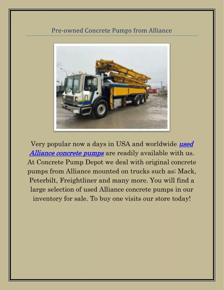 pre owned concrete pumps from alliance