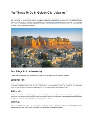 Top Things To Do In Golden City “Jaisalmer”