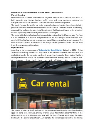 INDONESIA CAR RENTAL MARKET GROWTH IS PROPELLED BY RISING FOREIGN TRAVELLERS