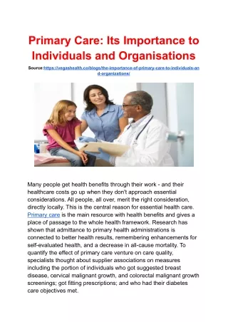 The Importance of Primary Care to Individuals and Organizations