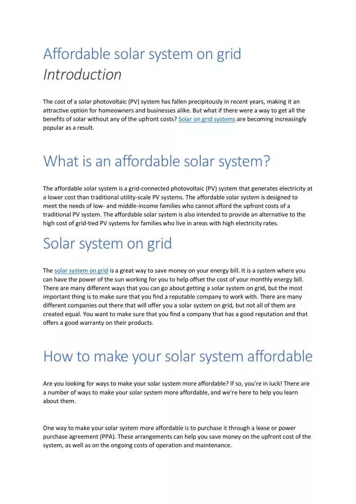 affordable solar system on grid introduction